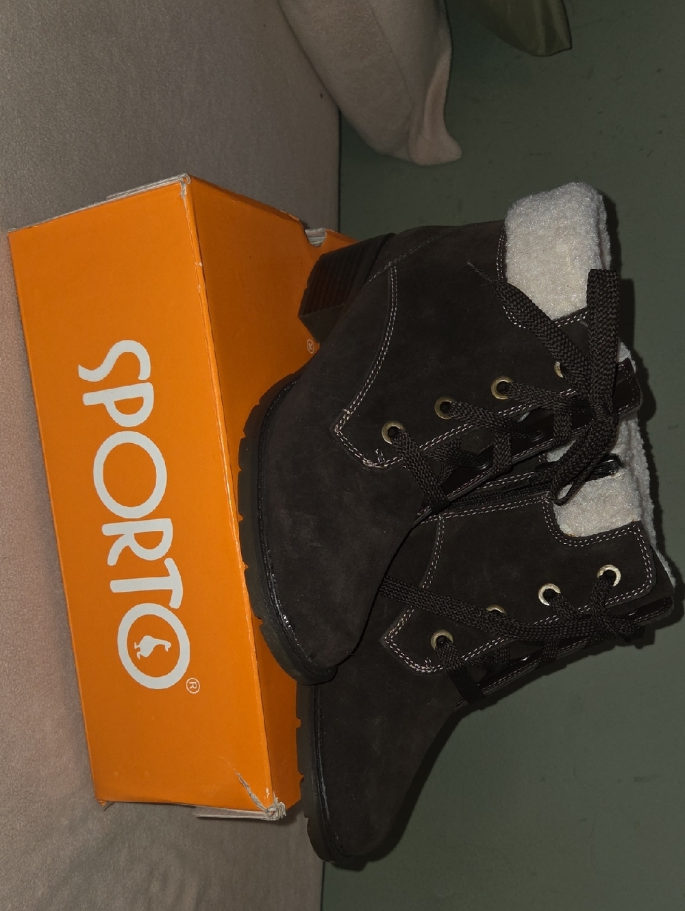 Sporto Brown Kelly Lace-Up Ankle Boots with Shearling Trim